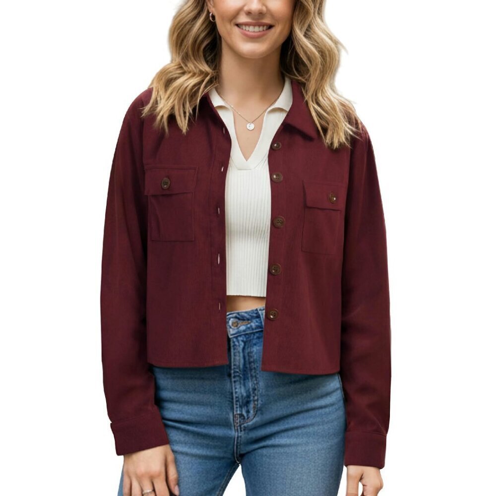 Cropped Corduroy Shacket Button Down Jacket Long Sleeve Women's Top